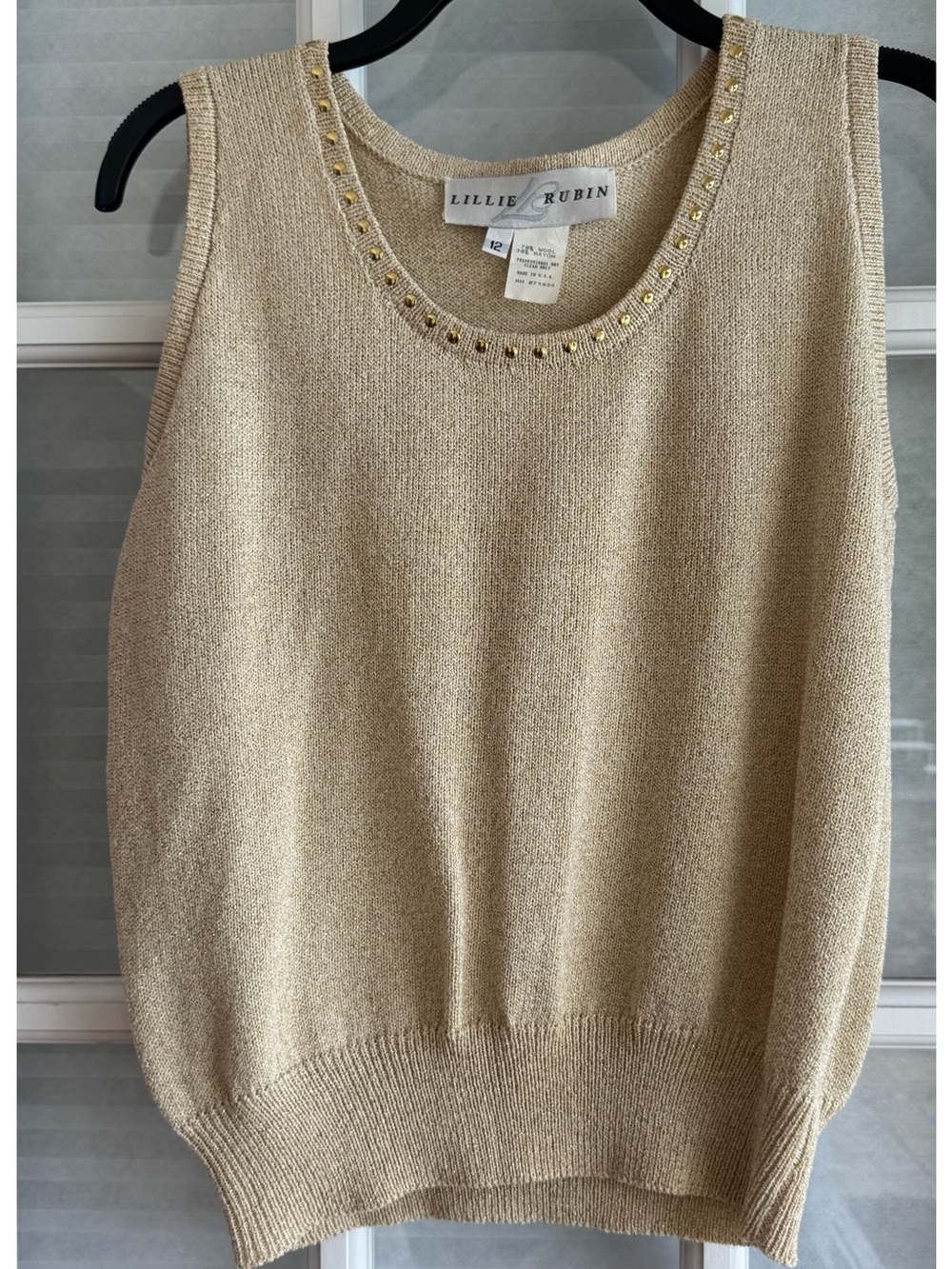 Lillie Rubin Cream Gold Shimmer Studded Knit Sleeveless Top Vintage size 12